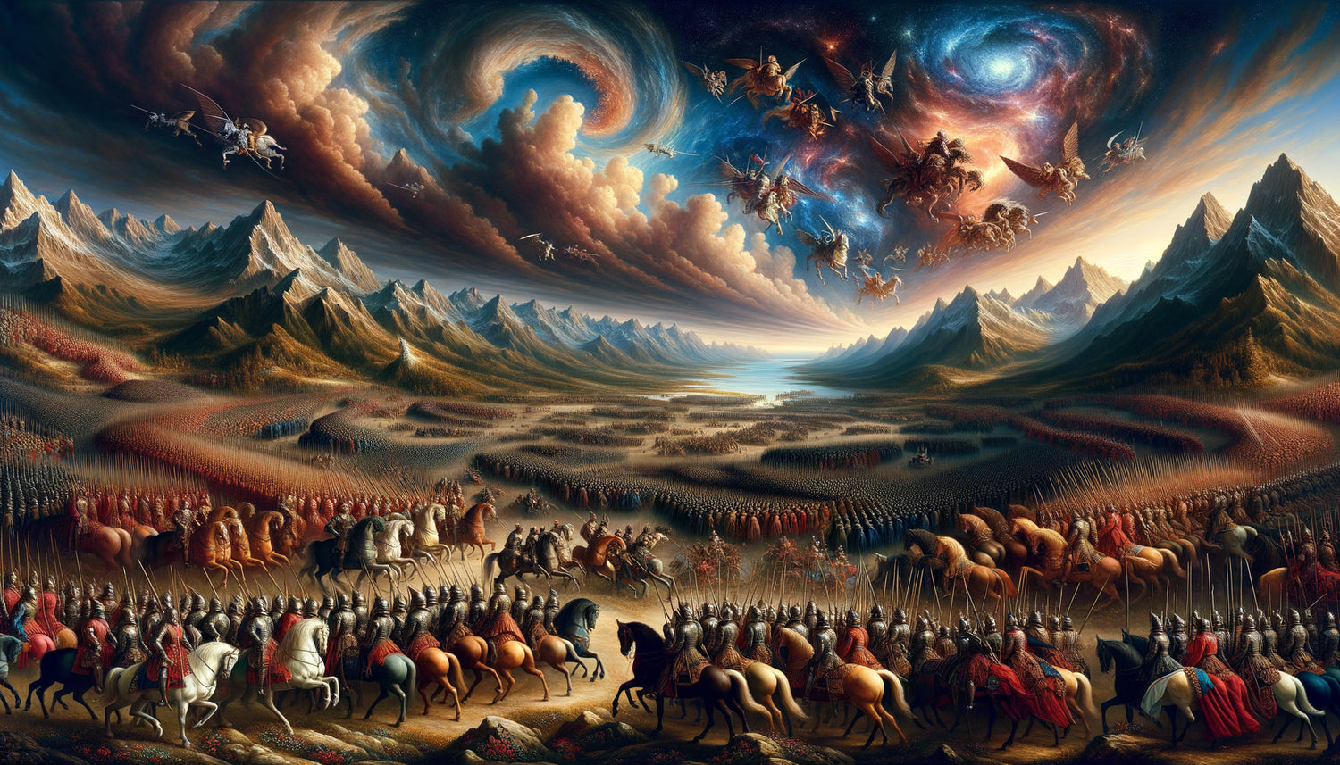 Scène de bataille Renaissance dans le style d'Albrecht Altdorfer, armées humaines en masses fluides sans chevaux, ciel cosmique dramatique, 16ème siècle