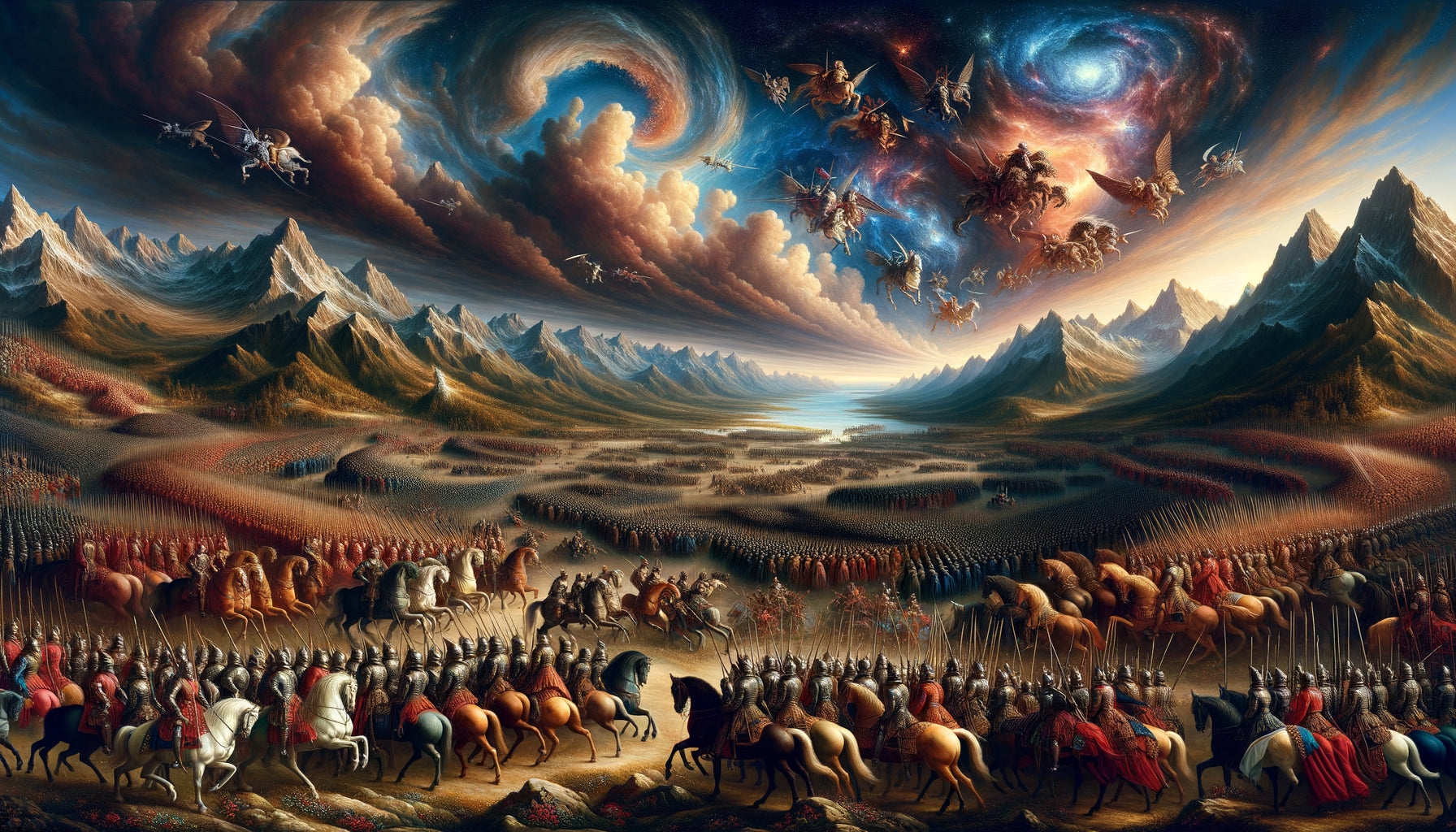 Scène de bataille Renaissance dans le style d'Albrecht Altdorfer, armées humaines en masses fluides sans chevaux, ciel cosmique dramatique, 16ème siècle