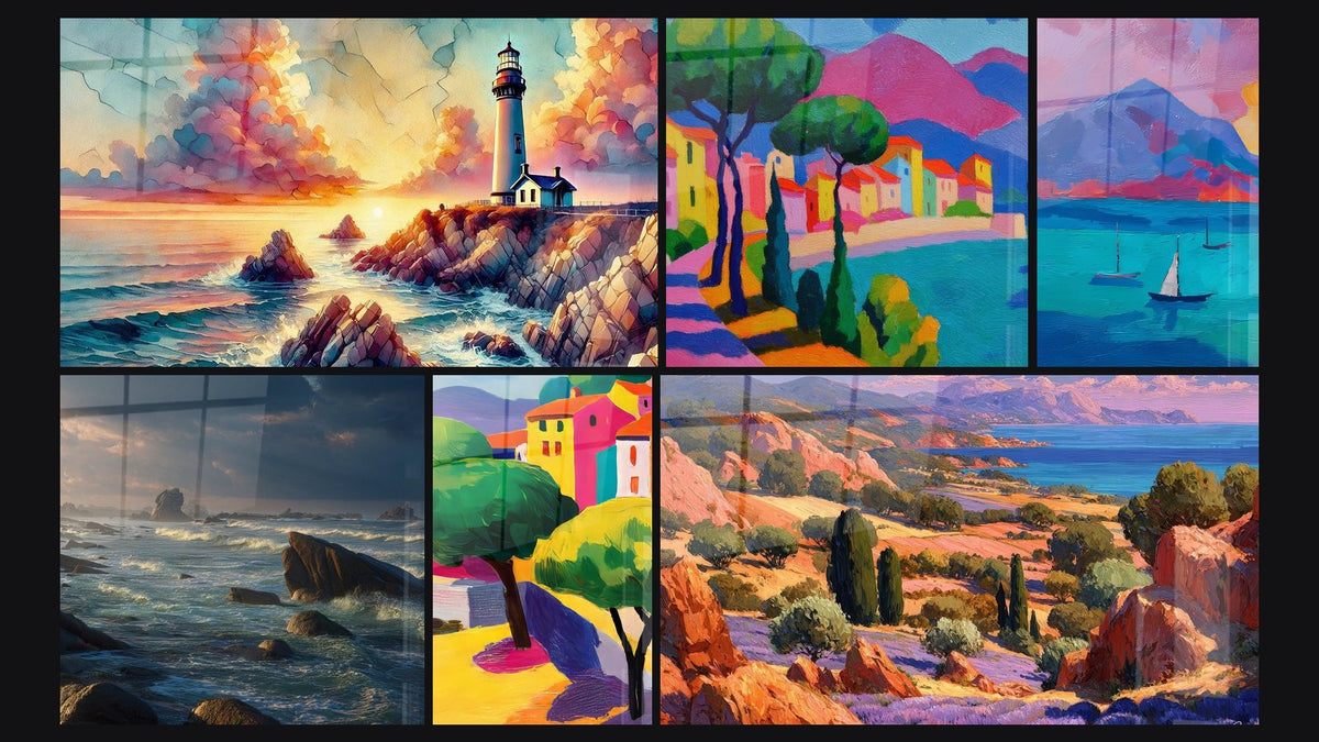 Mosaïque de six tableaux, dont Sentinelle des Mers, Village côtier coloré et Rochers océan
