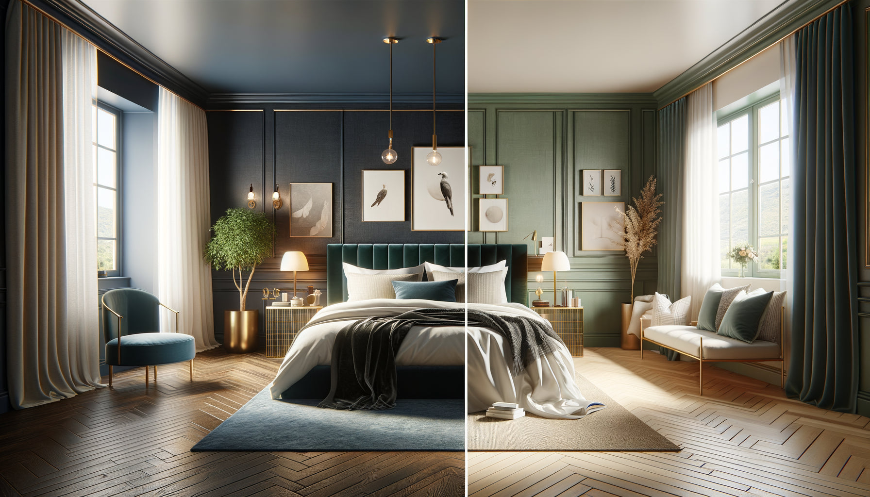 Comparaison visuelle entre chambre principale sophistiquée et chambre d'amis épurée dans un intérieur moderne