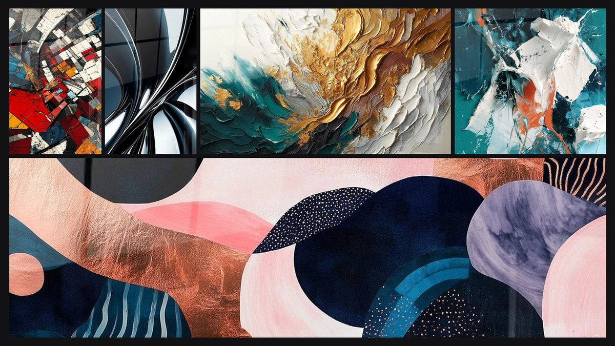 Mosaic of five paintings, including Architectural Revolution Modern and Metallic chrome spiral