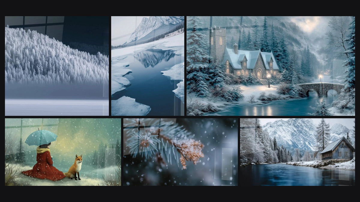 Mosaico di sei quadri, tra cui Foresta Purezza immacolata, Montagne Sogno Polare e Renard Incontro Improbabile