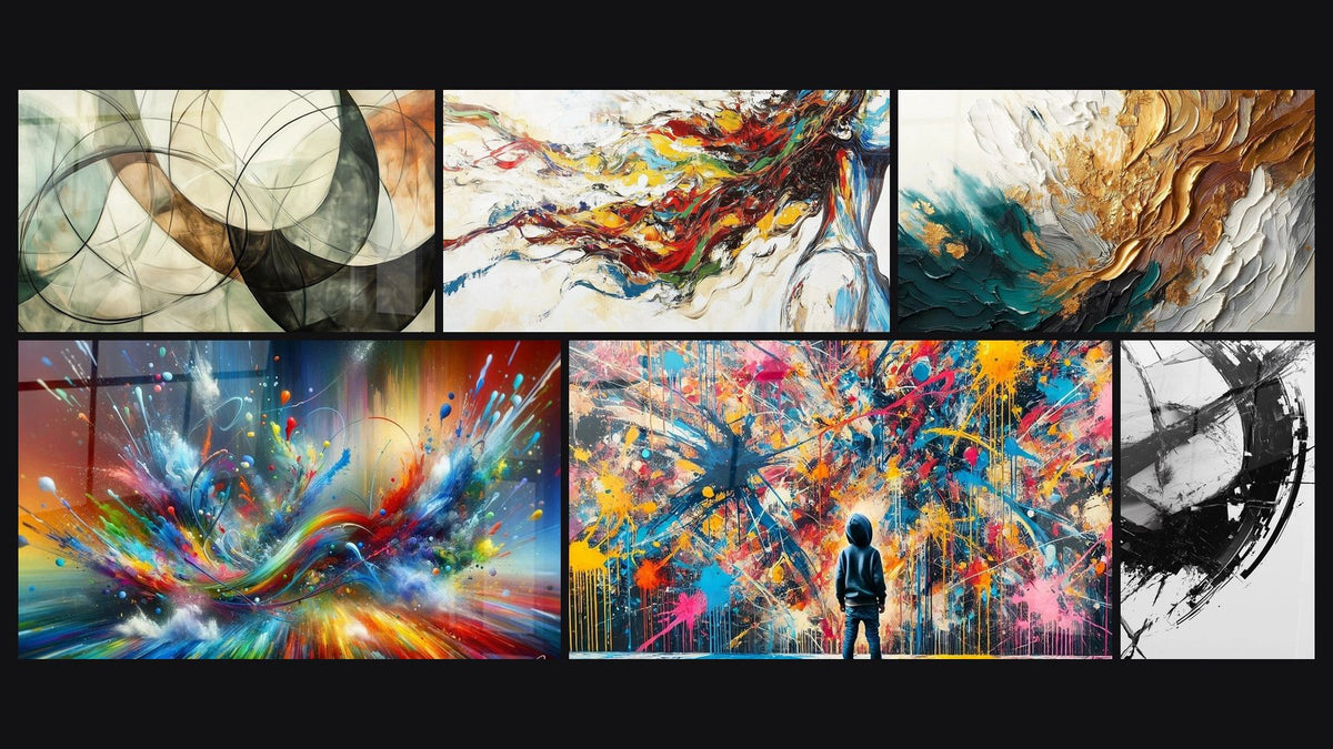Mosaïque de six tableaux, dont Les Liens Invisibles, Big Bang Artistique Éclatant et Muse Moderne