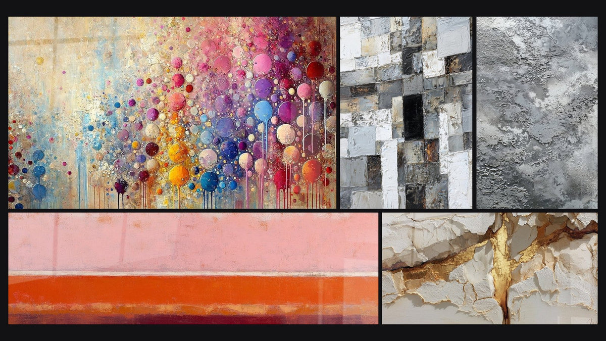 Mosaico de cinco cuadros, entre ellos Mosaico de Esferas y Mosaico Abstracto Gris y Blanco