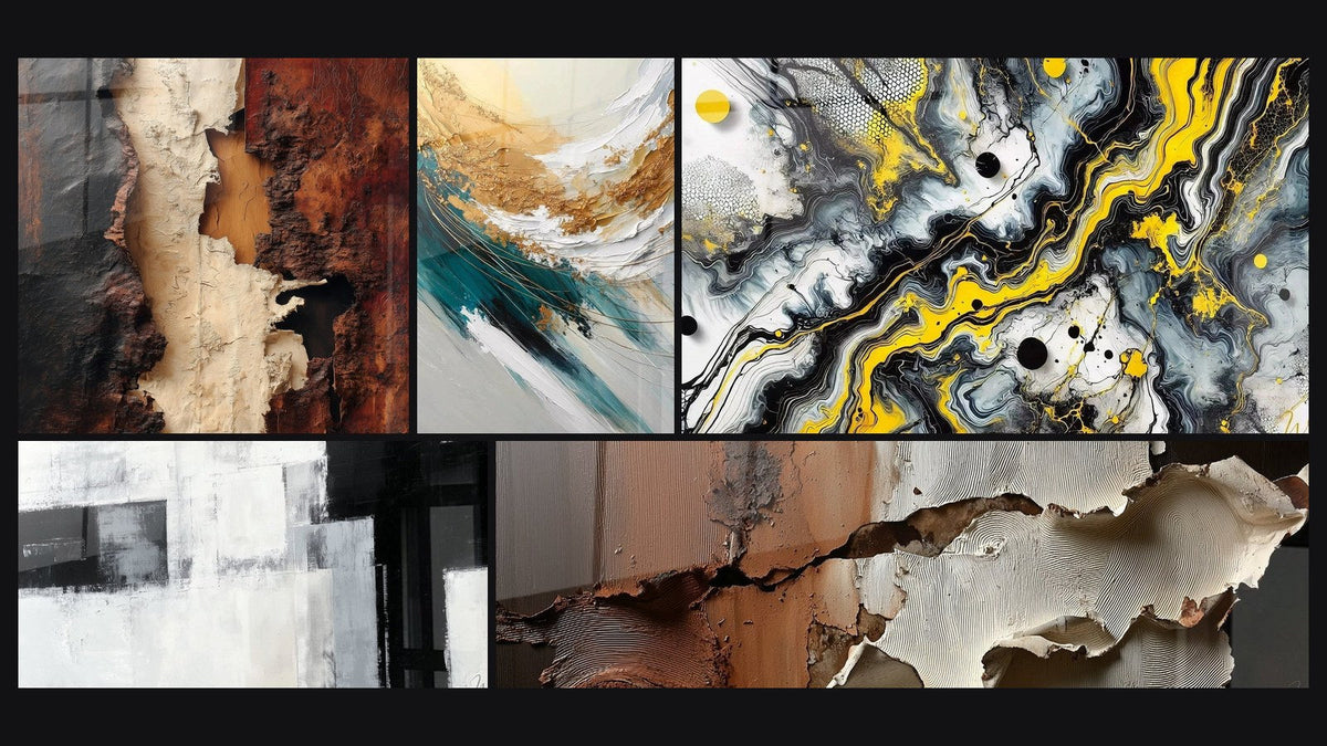 Mosaïque de cinq tableaux, dont Crête d'Or et d'Écume et Impact Noir
