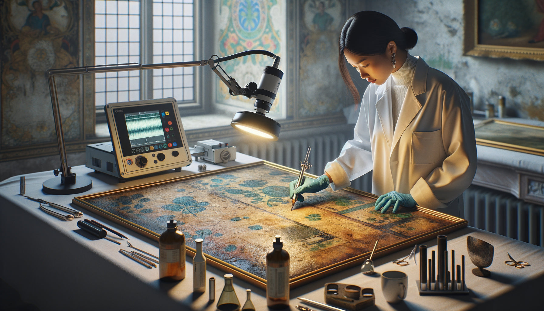 Expert analysant un tableau mural vintage avec lampe UV et équipement scientifique de datation en laboratoire de restauration