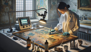 Expert analysant un tableau mural vintage avec lampe UV et équipement scientifique de datation en laboratoire de restauration
