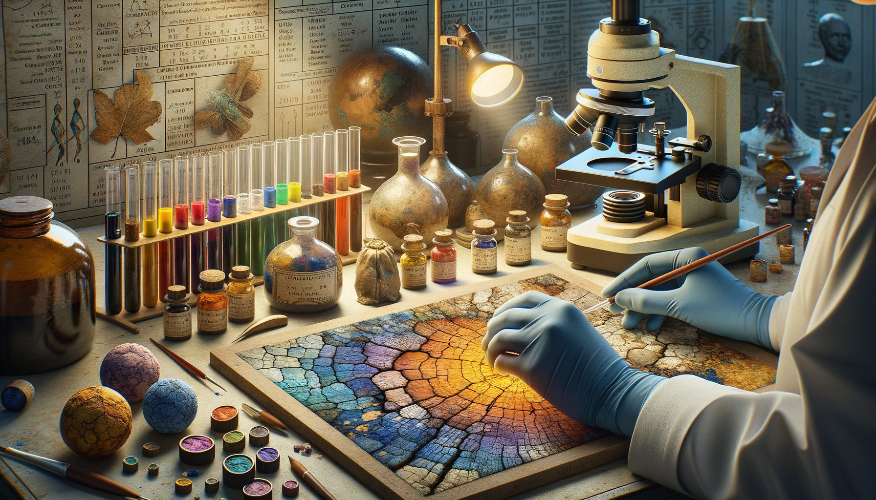 Analyse scientifique de pigments d'un tableau ancien en laboratoire avec microscope et échantillons de couleurs historiques