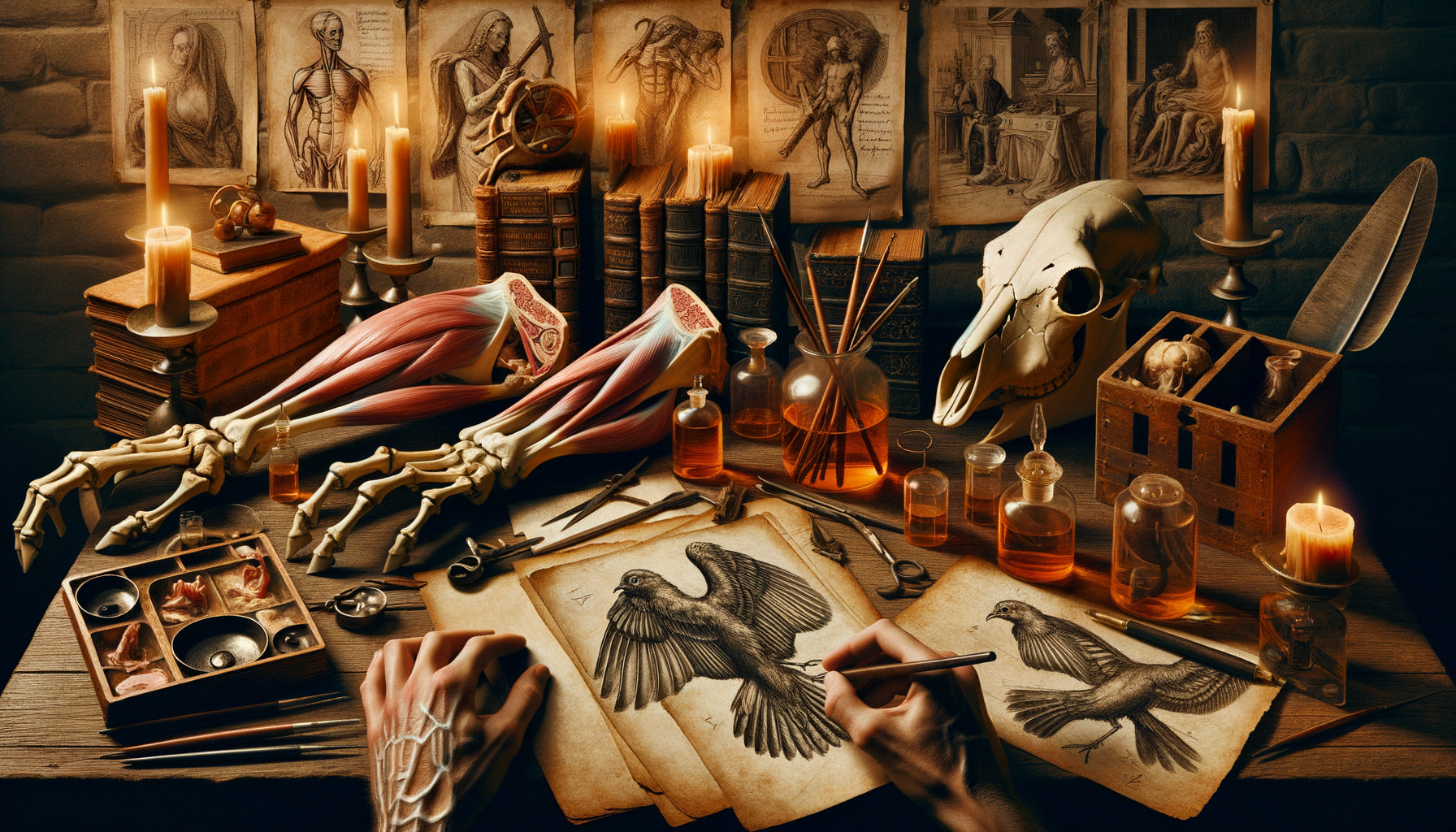 Atelier Renaissance avec études anatomiques animales détaillées style Léonard de Vinci, dissections et dessins précis sur parchemin