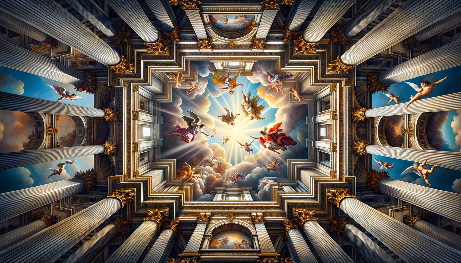 Plafond baroque en trompe-l'œil style Andrea Pozzo, technique du quadraturisme perspectif créant une architecture céleste illusionniste vertigineuse