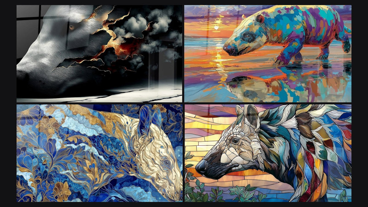 Mosaïque de quatre tableaux, dont Profil Andrewsarchus Fragmenté, Andrewsarchus Ornementale et Andrewsarchus Coloré