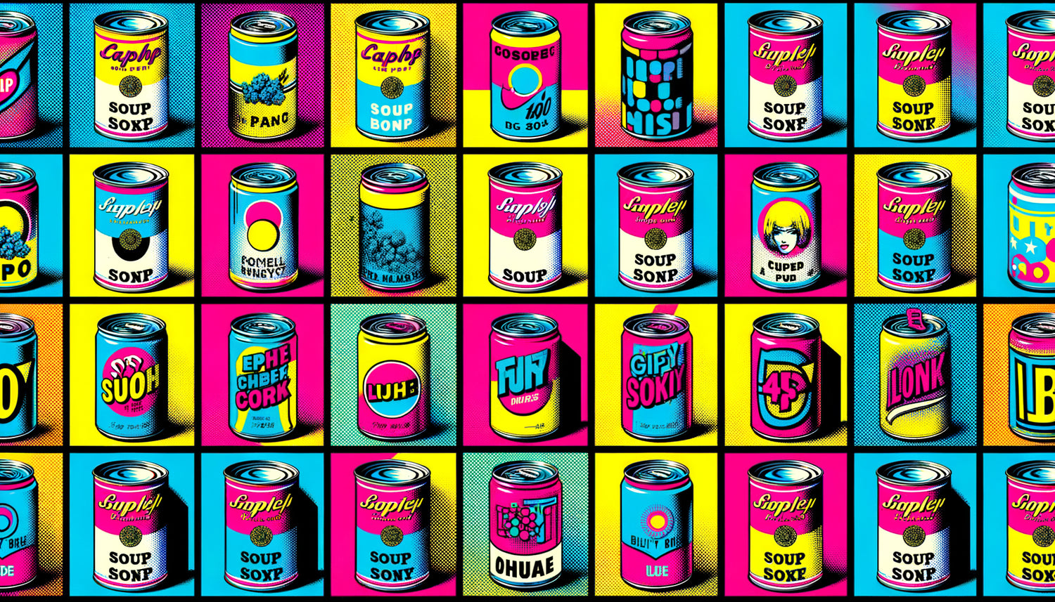 Composition Pop Art style Andy Warhol années 60, répétition sérigraphique, couleurs vives saturées, esthétique culture populaire américaine