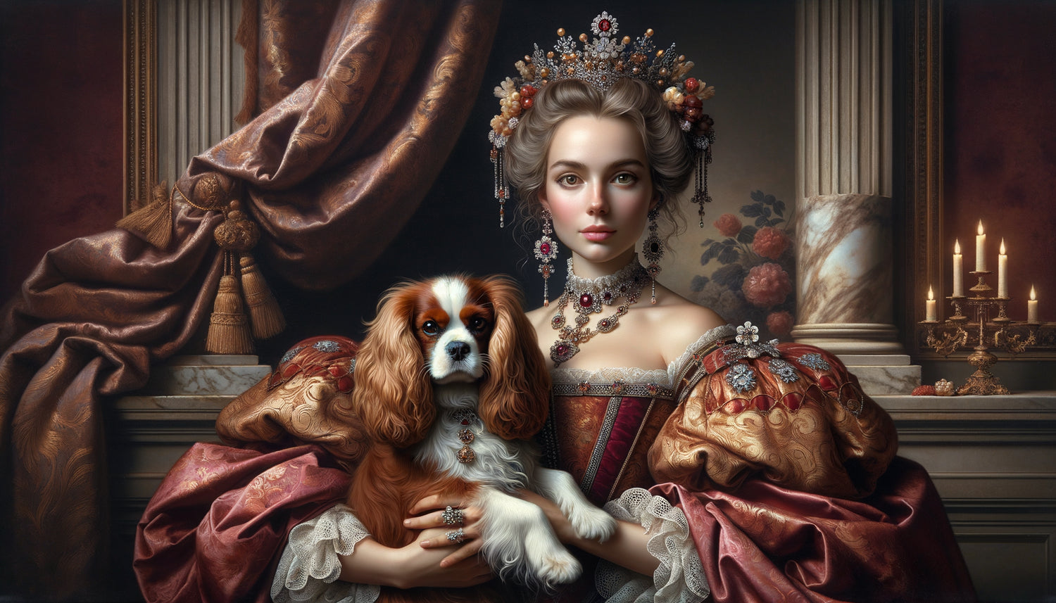 Portrait de cour baroque du 17e siècle montrant une noble avec son épagneul, symbolisant pouvoir et affection