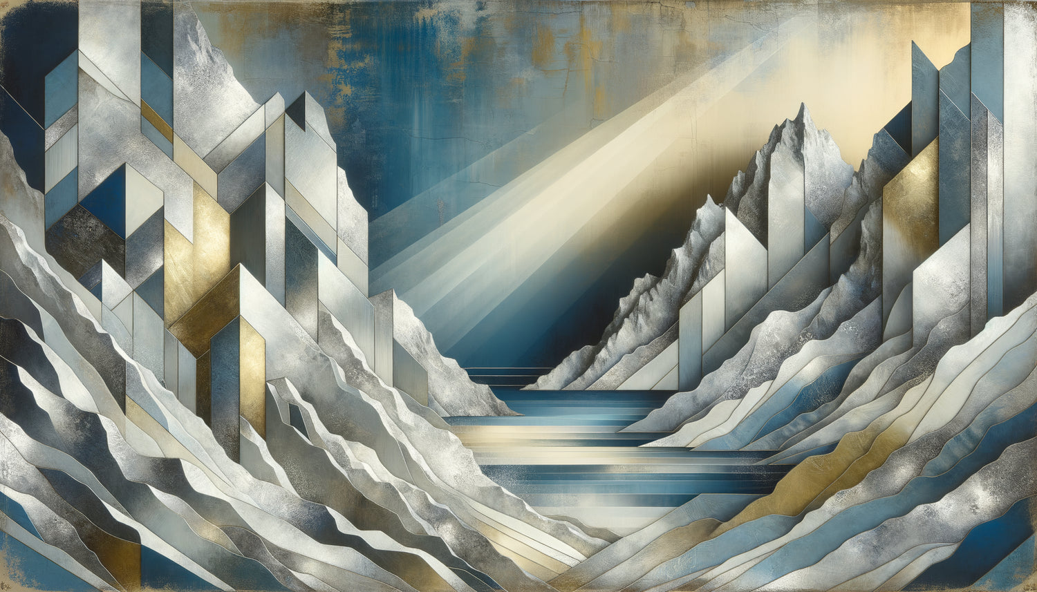 Abstraction géométrique style Anna-Eva Bergman avec feuilles d'argent et d'or évoquant la monumentalité arctique nordique