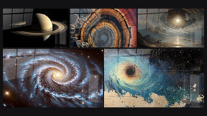 Mosaïque de cinq tableaux, dont Saturne N°1, L'Œil de l'Univers et Trou noir cosmique