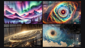 Mosaïque de quatre tableaux, dont Les Couleurs du Ciel, Iris de l'Univers et Galaxie spirale cosmique