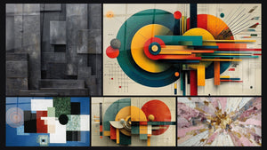 Mosaico de cinco cuadros, entre ellos Composición Geométrica Orden Racional y Geométrico Revolución Circular