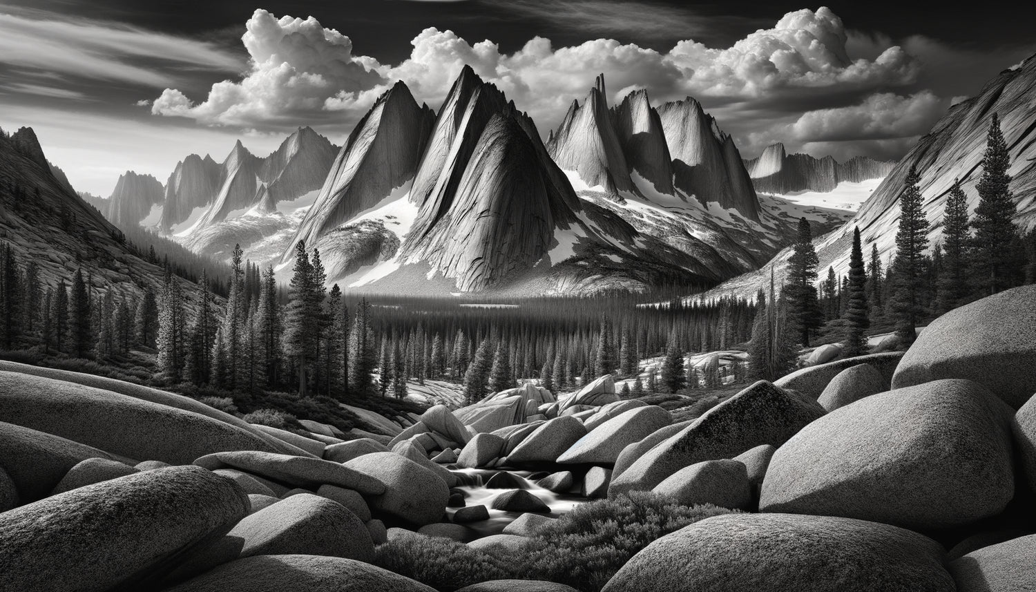 Paysage montagneux en noir et blanc style Ansel Adams illustrant le Zone System avec gamme complète de tonalités grises