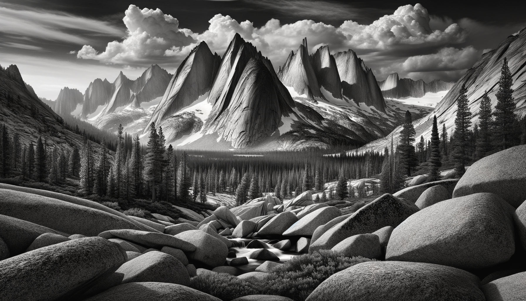 Paysage montagneux en noir et blanc style Ansel Adams illustrant le Zone System avec gamme complète de tonalités grises
