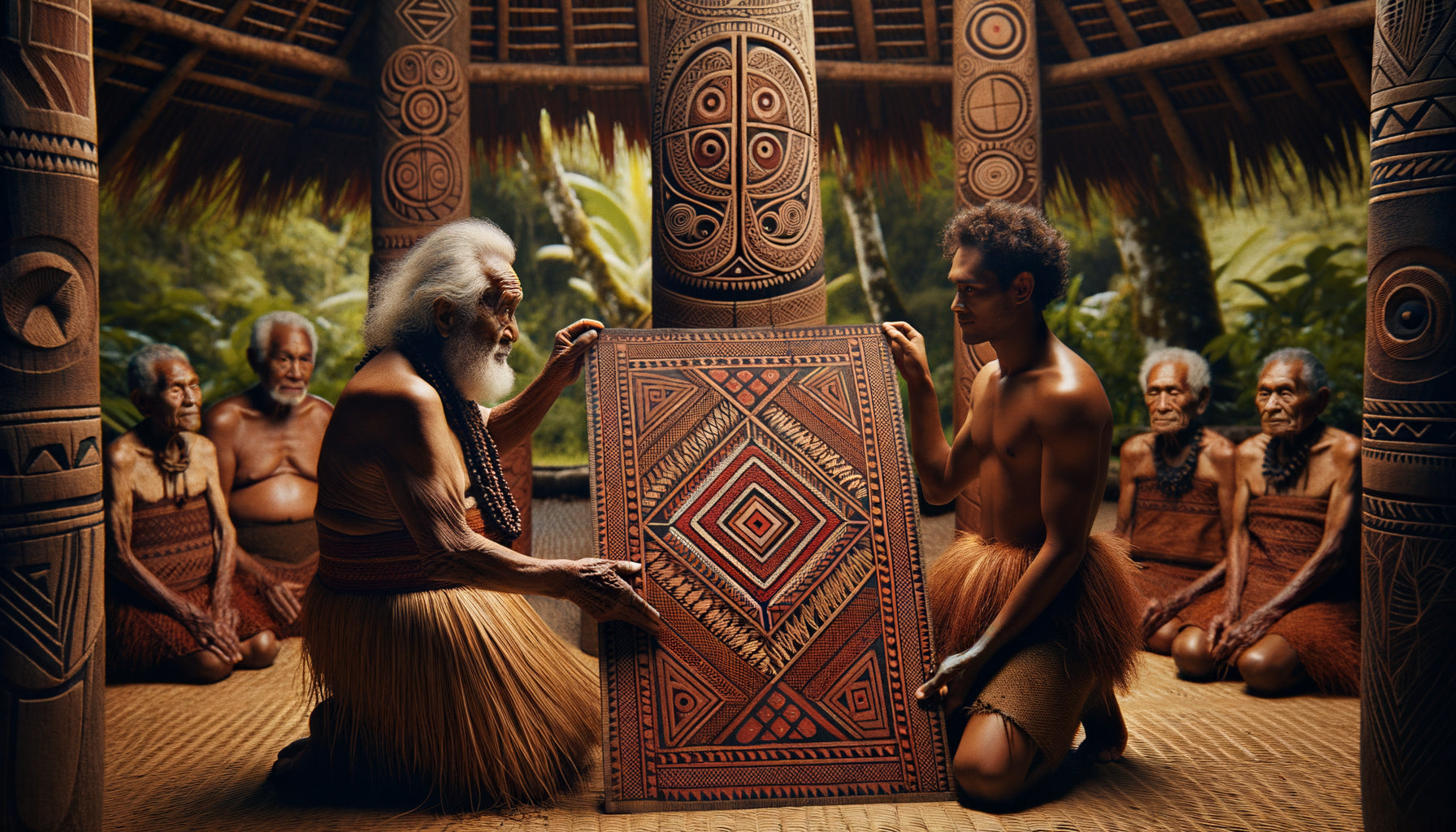 Cérémonie polynésienne traditionnelle d'échange rituel d'une œuvre peinte sur tapa, illustrant l'anthropologie du don