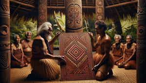 Cérémonie polynésienne traditionnelle d'échange rituel d'une œuvre peinte sur tapa, illustrant l'anthropologie du don