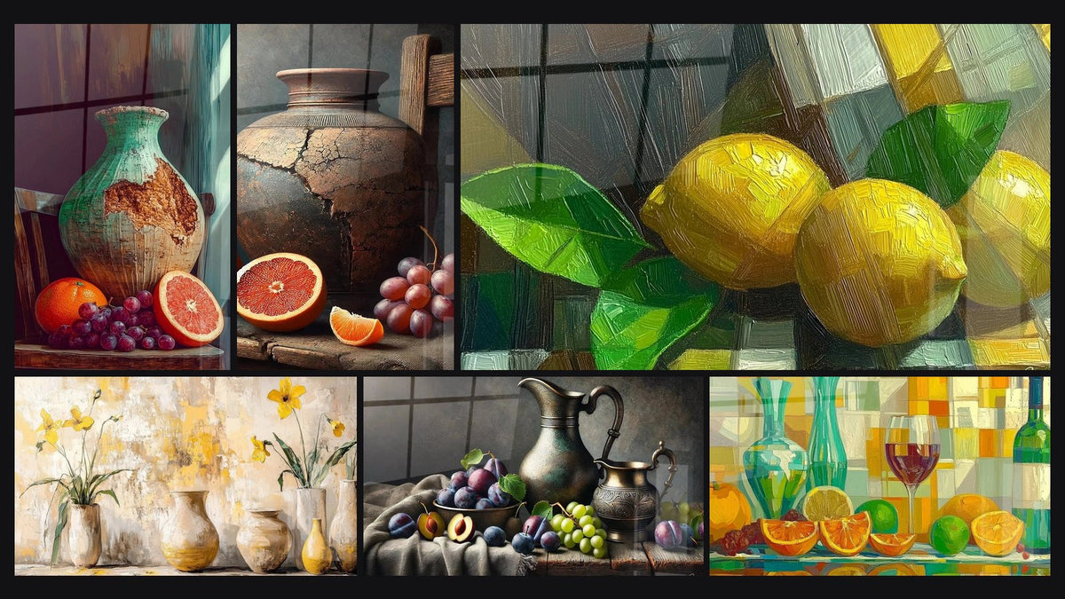 Mosaïque de six tableaux, dont L'Orange et la Patine, L'Éclat des Jonquilles et L'Âme du Banquet