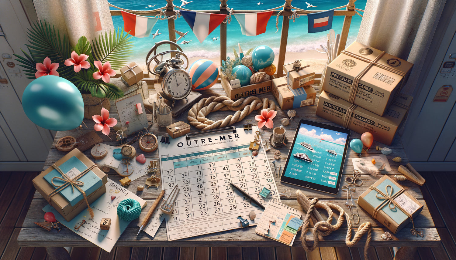 Planification d'événement ultramarin avec calendrier d'anticipation, colis et décorations tropicales sur table organisée