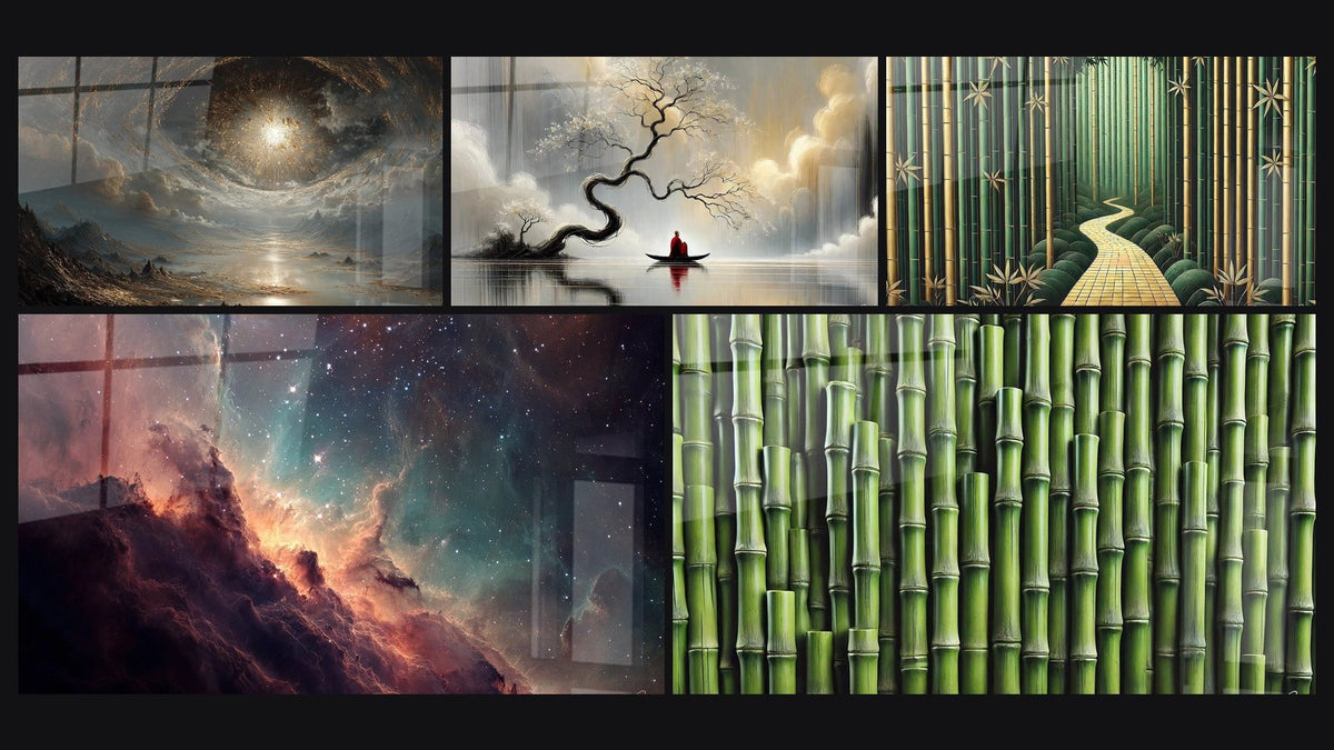 Mosaic of five paintings, including Spiral Galaxy Cosmic, Inner Journey and Stellar Nebula