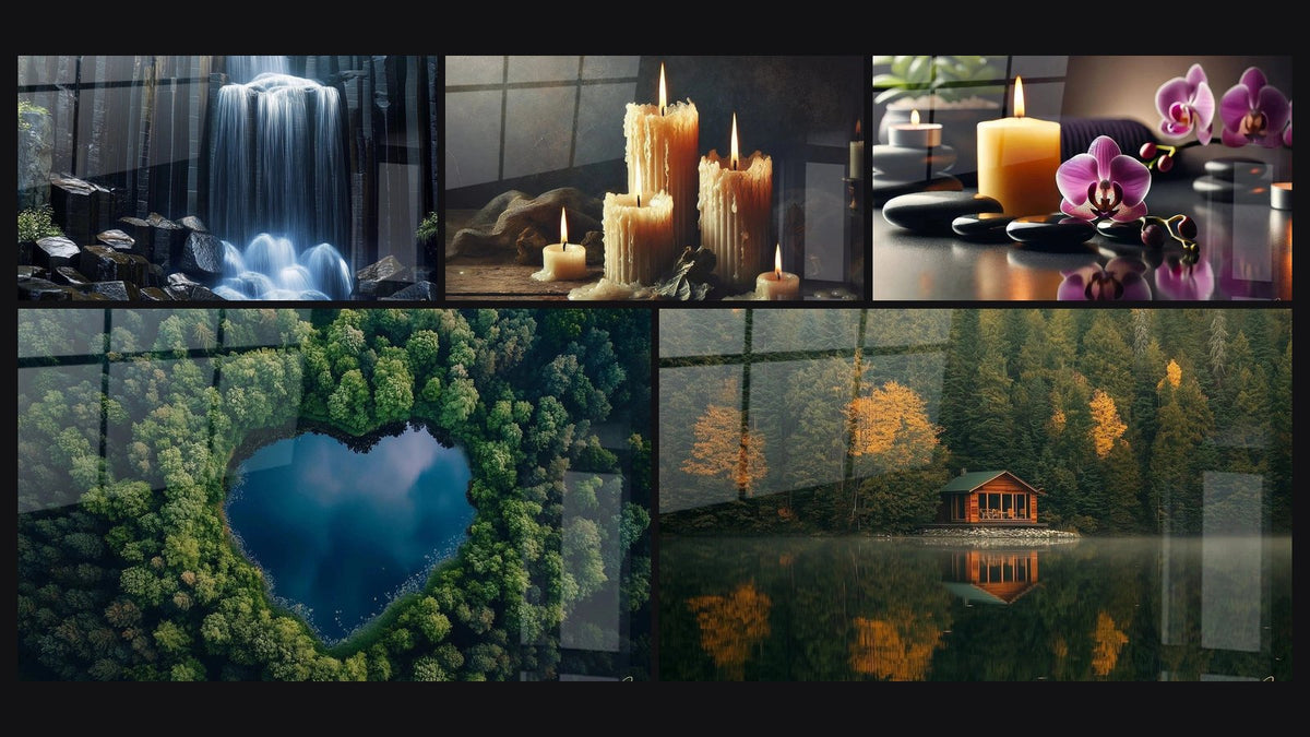 Mosaïque de cinq tableaux, dont Cascade N°3, Lac N°1 et Cabane N°1