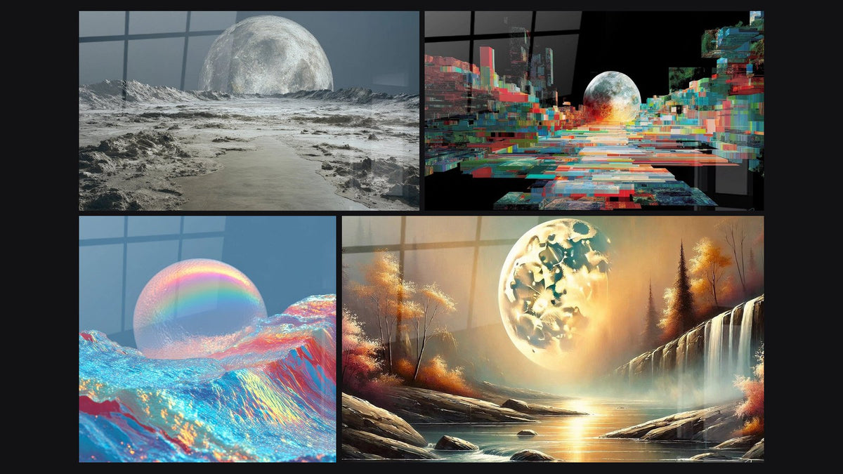 Mosaico di quattro quadri, tra cui Paesaggio Lunare Futurista, Luna Iridescente Vagues e Luna Pixelata Futurista