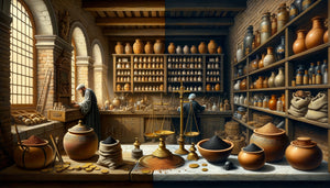 Atelier d'apothicaire vénitien Renaissance comparé à atelier de peintre broyant pigments noirs, 16ème siècle