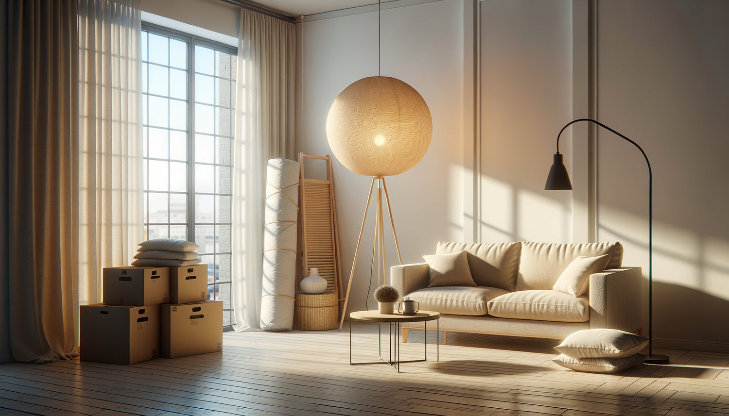 Appartement moderne partiellement meublé avec essentiels minimalistes, canapé simple, table basse, lumière naturelle chaleureuse