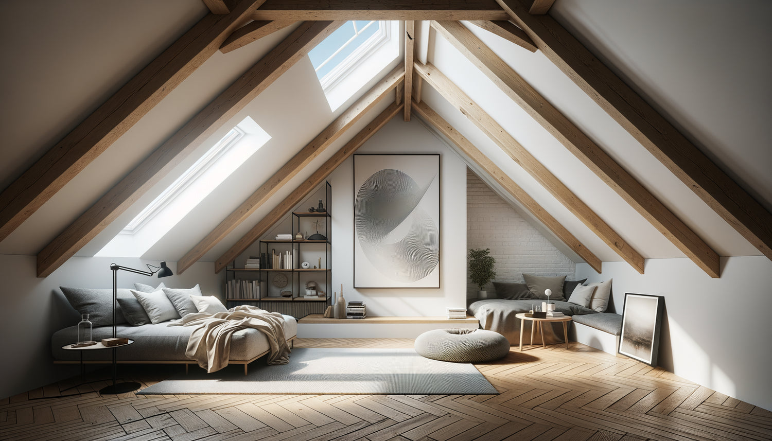 Intérieur contemporain d'appartement sous combles avec tableaux verticaux adaptés aux pentes du toit mansardé