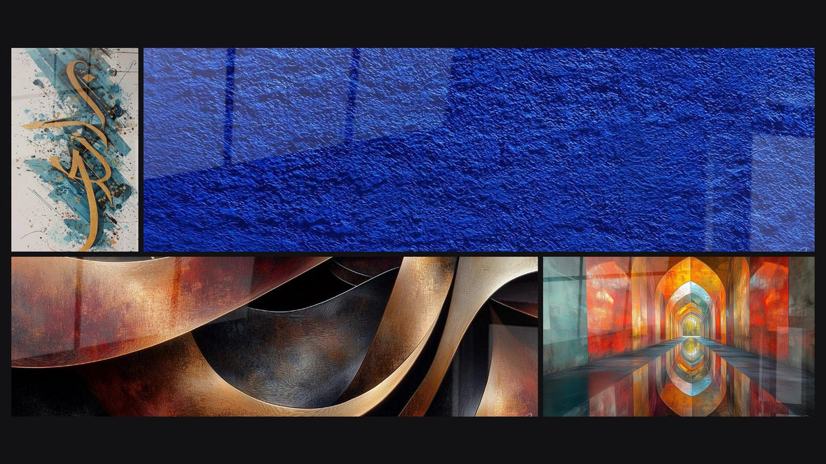 Mosaico di quattro quadri, tra cui Calligrafie dorate di, Texture blu astratta di e Sinuosità Meditazione Ocra
