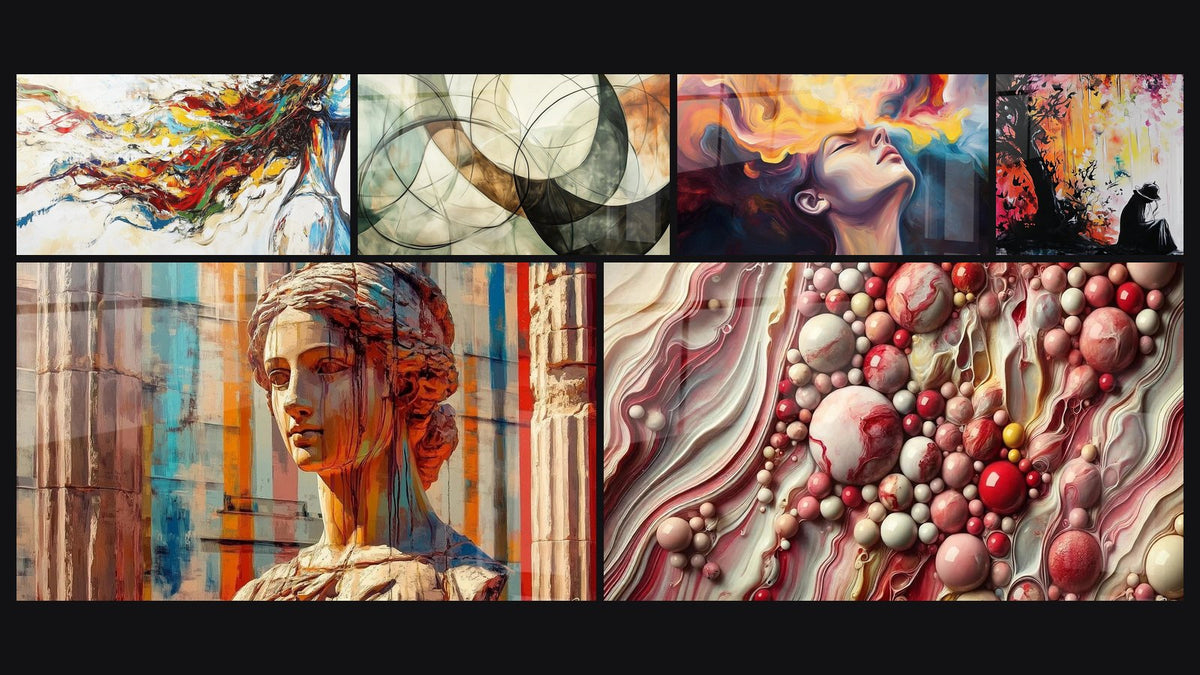 Mosaico de seis cuadros, entre ellos Musa Moderna, El Espíritu del Arte y Universo de Perlas