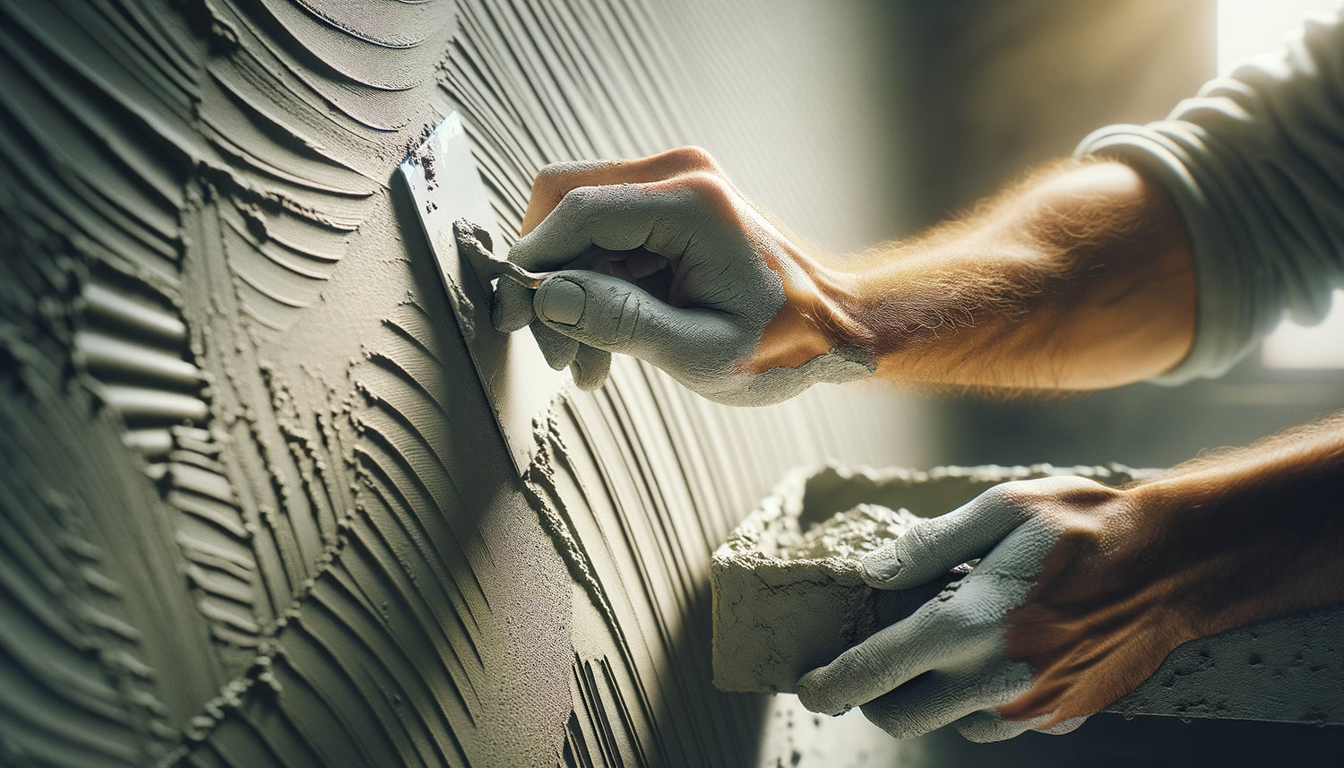 Application professionnelle de béton ciré sur mur vertical avec taloche, montrant l'épaisseur précise de la couche appliquée