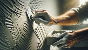 Application professionnelle de béton ciré sur mur vertical avec taloche, montrant l'épaisseur précise de la couche appliquée
