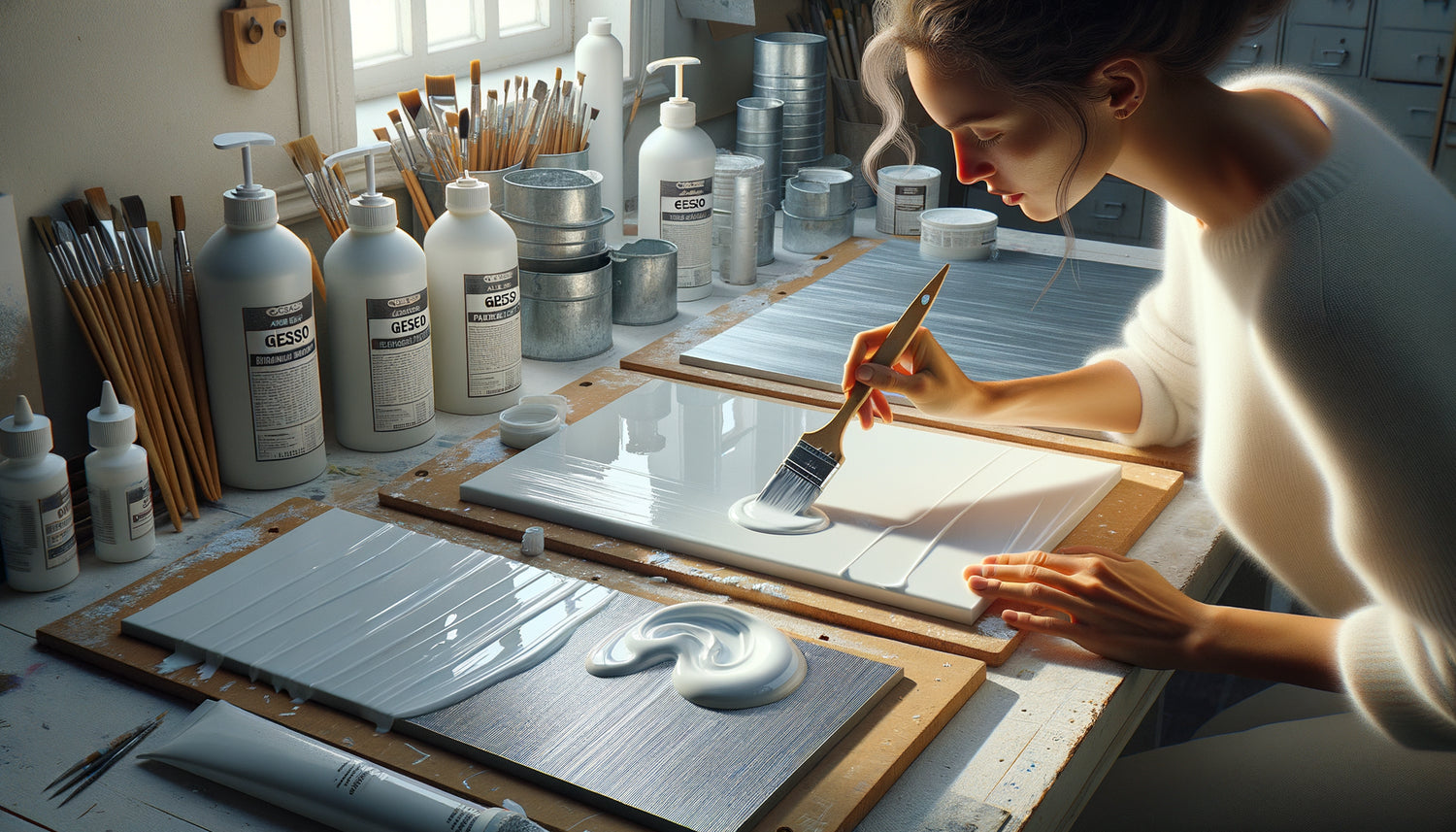 Application professionnelle de gesso sur supports non-poreux : verre, métal et plastique en atelier