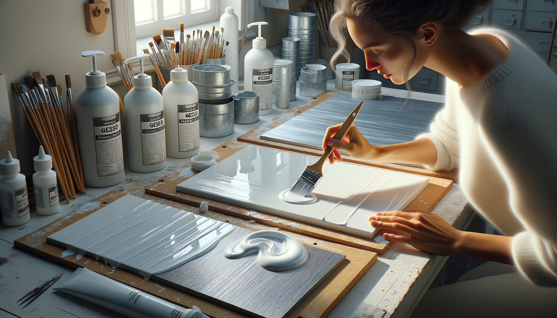 Application professionnelle de gesso sur supports non-poreux : verre, métal et plastique en atelier