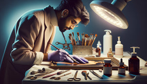 Restaurateur appliquant un vernis protecteur anti-UV sur une toile dans un atelier de conservation professionnel
