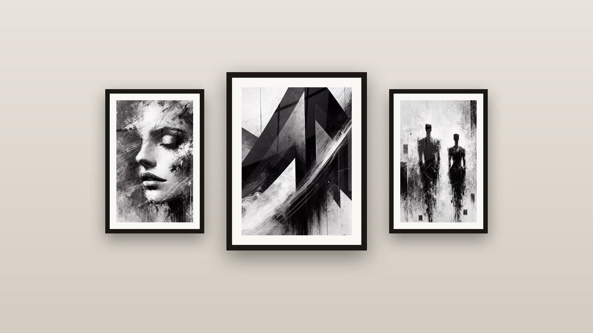 Gallery wall with three framed paintings: Fragmented Reflection, Walk in the Shadow and Fractured Trajectories