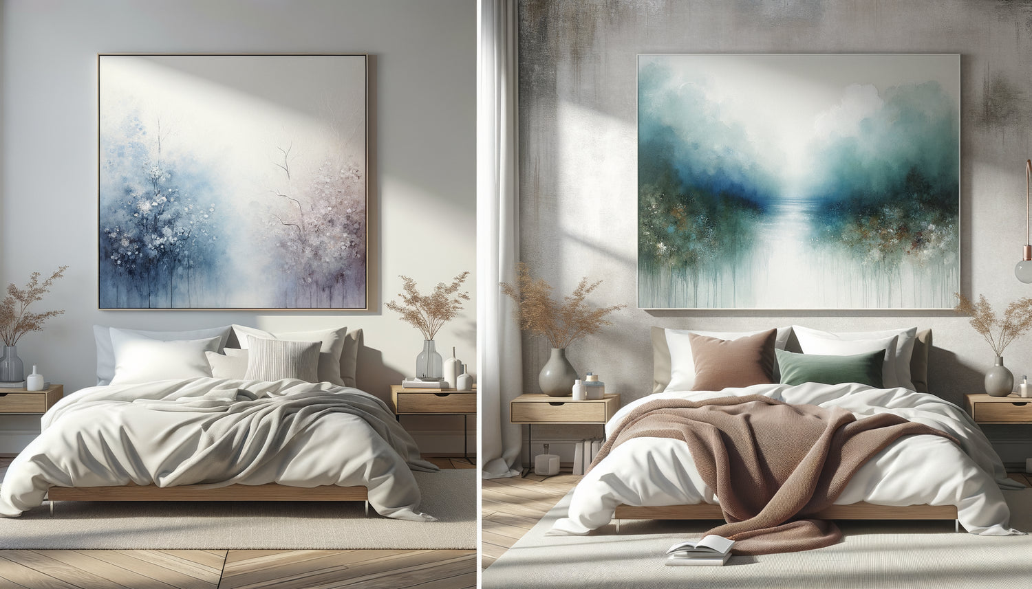 Comparaison chambre calme avec aquarelle vaporeuse tons pastel et acrylique saturée couleurs profondes