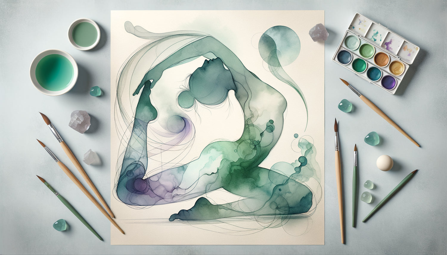 Peinture aquarelle contemporaine représentant la fluidité du yoga Vinyasa avec dégradés organiques et contours dissous