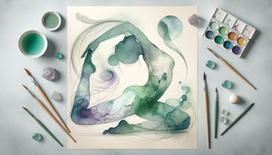 Peinture aquarelle contemporaine représentant la fluidité du yoga Vinyasa avec dégradés organiques et contours dissous