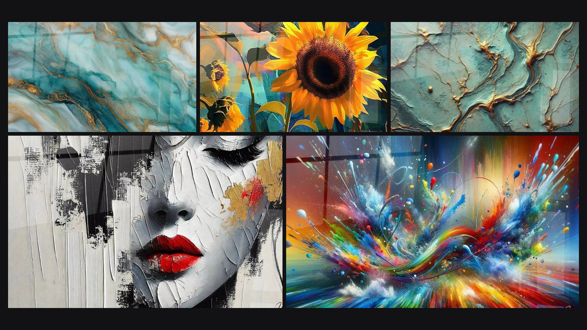 Mosaic of five paintings, including Unfinished Beauty, Sunflower Wall Art No. 1 and Golden Rivers