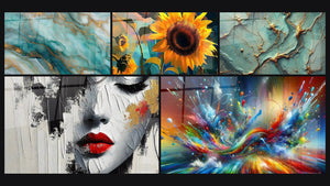 Mosaïque de cinq tableaux, dont Beauté inachevée, Tournesol N°1 et Rivières d’Or