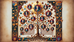 Manuscrit médiéval enluminé représentant un arbre généalogique orné avec médaillons ancestraux et feuille d'or, style gothique 14ème siècle