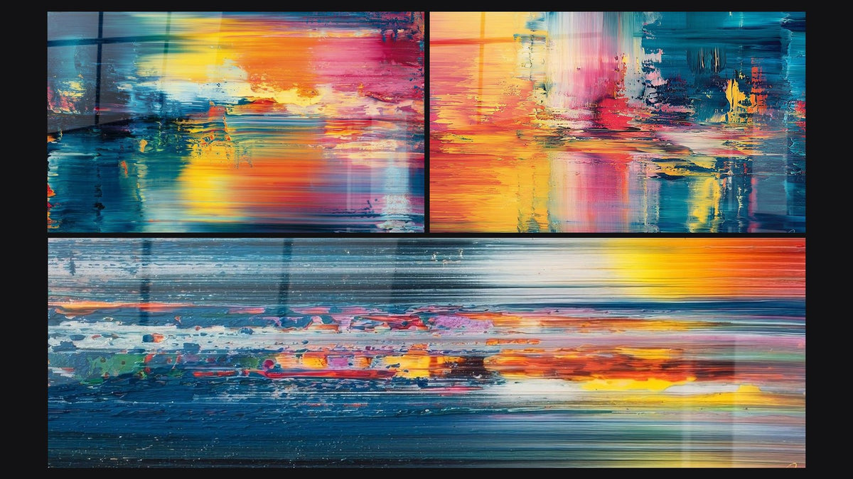 Mosaik aus drei Gemälden, darunter Abstraktes farbiges und Abstraktes Landschaftsbild