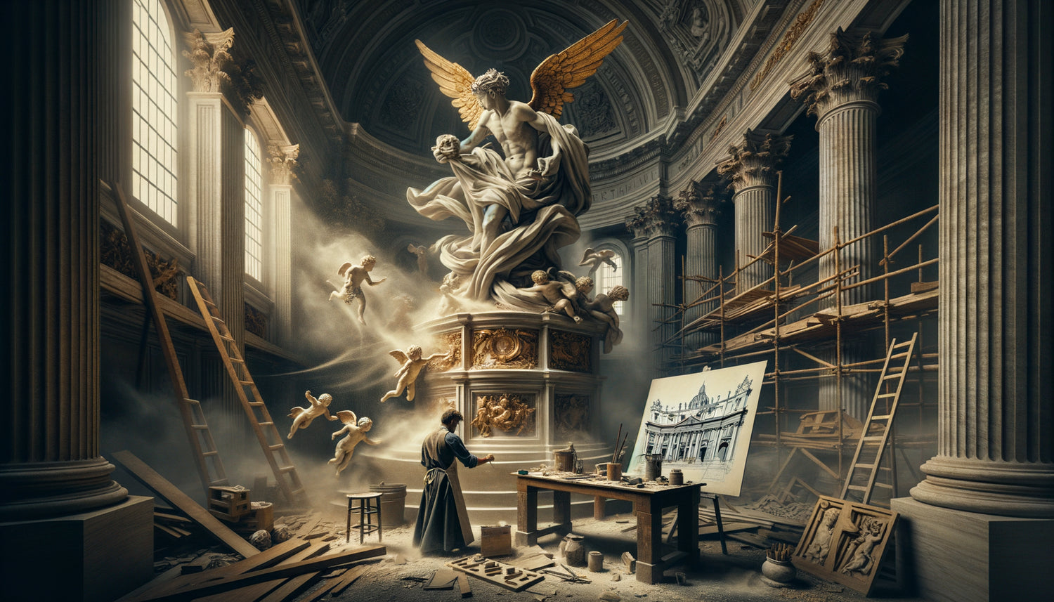 Chantier de cathédrale baroque du 17e siècle montrant la coordination entre sculpteur et architecte avec dessins et maquettes