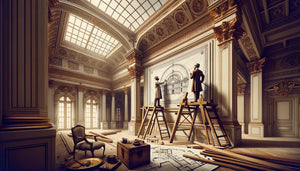 Peintre muraliste Belle Époque mesurant espace architectural encadré pour fresque dans palace historique avec architecte